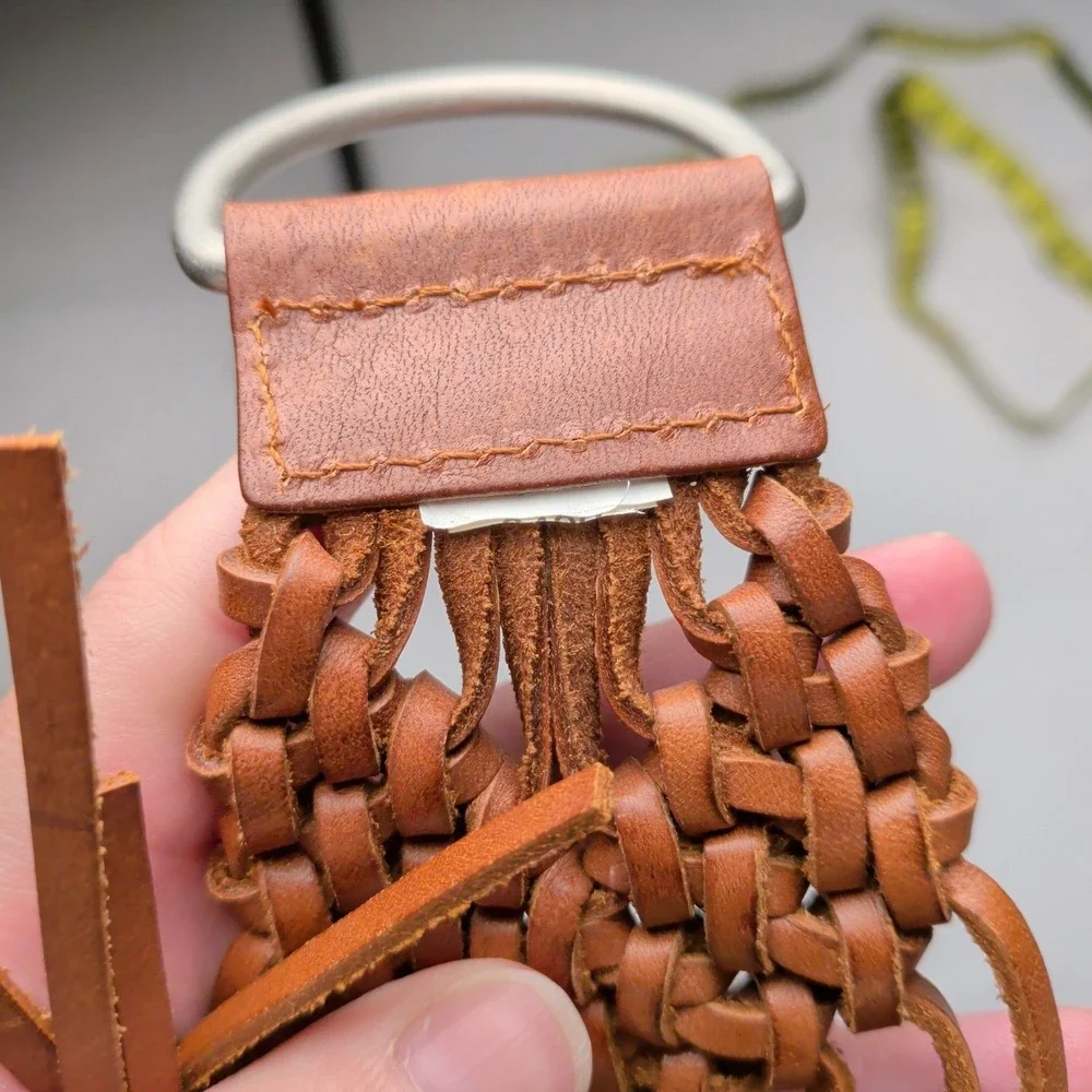 Vintage Y2K Woven Leather Macrame Fringe Belt Brown Boho Western O-Ring 2000s
